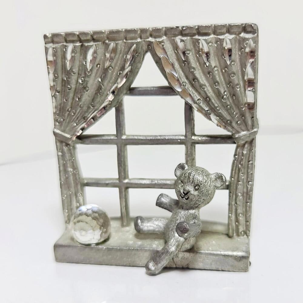 Vintage Spoontiques Pewter Figurine M310 Window with Teddy Bear and Crystal Ball